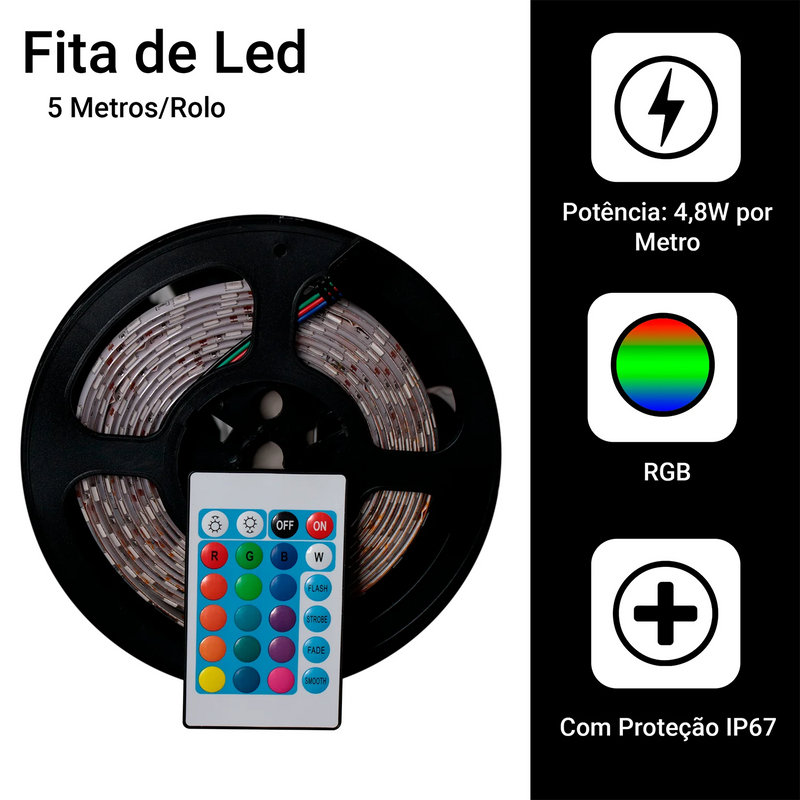 Rolo de Fita Led 5m + Controle + Fonte 12v Bivolt